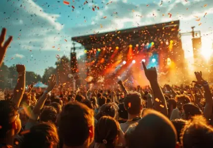 five musicians from the band Foreigner playing on-stage